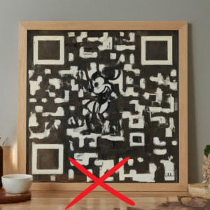 a QR code having Mickey Mouse's image at its center, which is a bad practice as QR codes should not contain any graphics inside them for better scannability