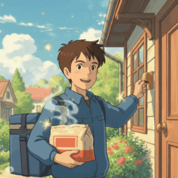 TorchFi Square delivery integration: Person ringing doorbell with food parcel in hand