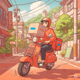 TorchFi MicroSale delivery integration: Food Delivery person riding a bike with food parcels